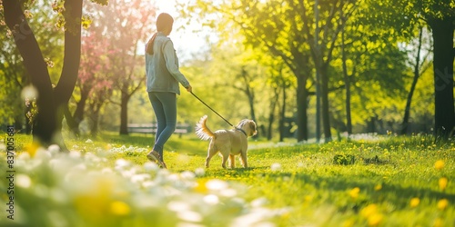 A woman with her playful puppy enjoy a sunny stroll through a blooming garden park.