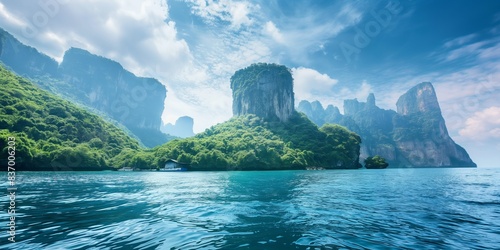 A breathtaking seascape with lush, woody cliffs and turquoise waters, an idyllic journey.