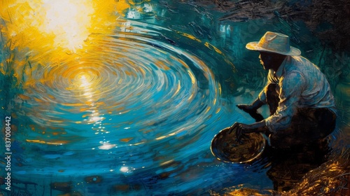 Painting showing a gold miner hunting for the sun's reflections on the surface of the water, symbolizing gold in the natural environment. abstract --no text --ar 16:9 --quality 0.5 Job ID: 72251540
