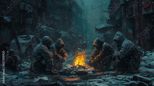 Group of homeless people gathered around a fire in a makeshift urban shelter