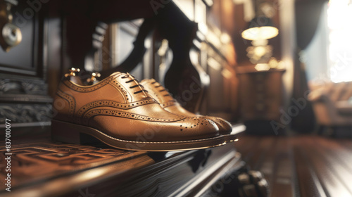 Pair of brown leather dress shoes displayed on a wooden stand in a luxury shoe store. Fashion and retail concept. Design for poster, wallpaper, banner.