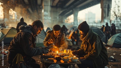 Group of homeless people sharing a meal under a city bridge