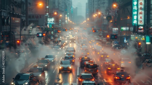 High-detail photo of a busy city street during rush hour, with visible air pollution