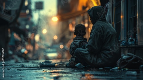 a child sitting with a homeless parent in a city alley