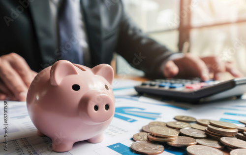 Piggy bank with a businessman and a calculator, focus on, budgeting theme, dynamic, manipulation, financial institution backdrop