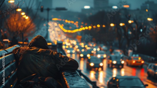 a homeless person lying on a bench, with city traffic in the background