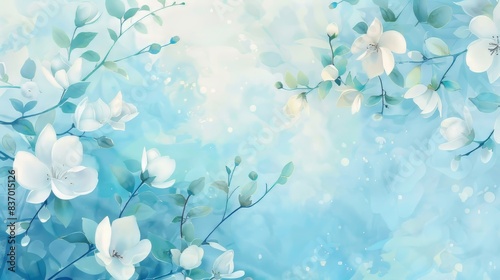 Many small white jasmine flowers,A delicate watercolor, traditional Chinese landscape painting illustration with high resolution, fine details on a light blue background and soft edges 