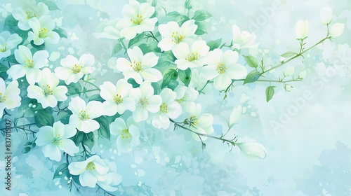 Many small white jasmine flowers,A delicate watercolor, traditional Chinese landscape painting illustration with high resolution, fine details on a light blue background and soft edges 