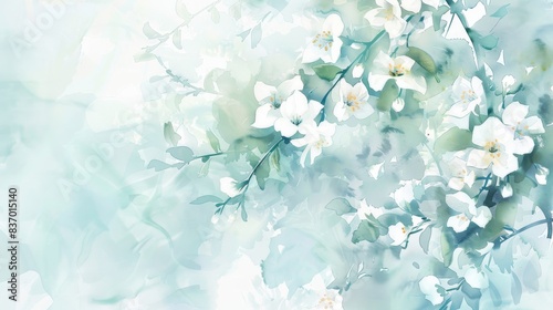 Many small white jasmine flowers,A delicate watercolor, traditional Chinese landscape painting illustration with high resolution, fine details on a light blue background and soft edges 