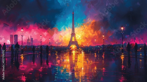Vibrant neon colors illuminate a painting of the Paris Olympics Games ceremony, featuring runners, the Eiffel Tower, and a torch.