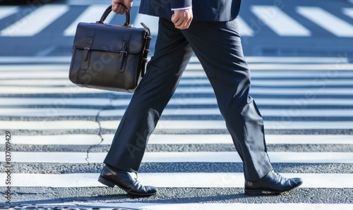 Modern Businessman Crossing Zebra Crossing on Foot with Work Bag