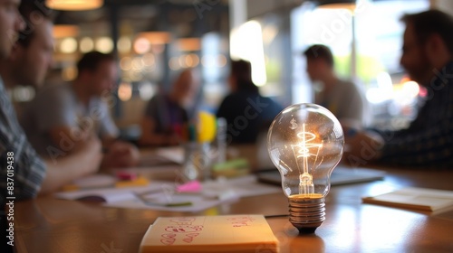 Casual coffee meeting with napkin sketches and animated discussions, culminating in visualization of a lightbulb, signifying birth of a fresh business idea.