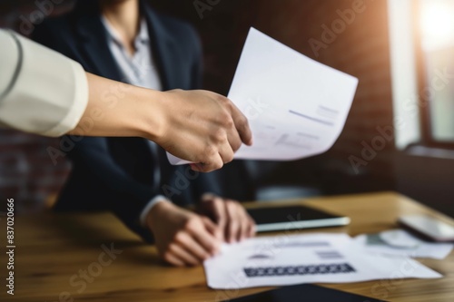 businesswoman handing her colleague a document