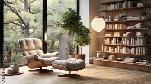 A cozy reading nook with a plush armchair, floor-to-ceiling bookshelves, and soft reading lights, providing a tranquil space for relaxation and intellectual stimulation. Minimal and Simple,