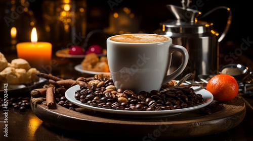 A steaming cup of espresso on a rustic wooden table, surrounded by coffee beans and a vintage coffee grinder, evoking the cozy ambiance of a cafÃ©. Minimal and Simple,