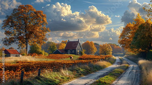 Dutch countryside landscape with a scenic road and autumn foliage