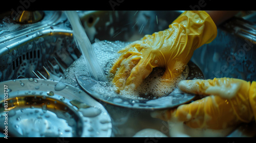 Precision-captured close-up of hands in yellow gloves diligently washing dishes and utensils in a sink, highlighting the importance of hygiene and cleanliness in daily routines. AI generative.