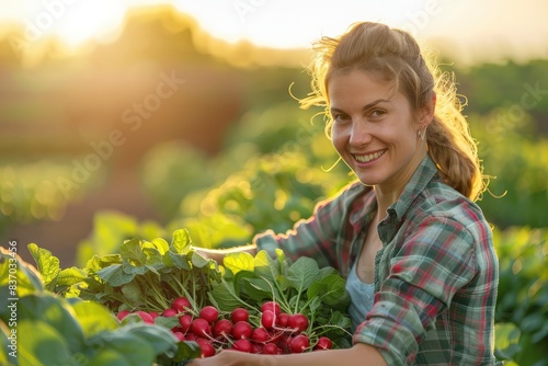 A female farmer beams with pride as she holds a basket of freshly harvested radishes in a sun-drenched field. Generative ai
