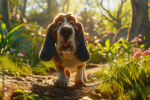 A friendly basset hound walks toward the camera on a path through a sunlit forest. The dog is looking directly at the camera with its tongue out. The forest is filled with green leaves and flowers