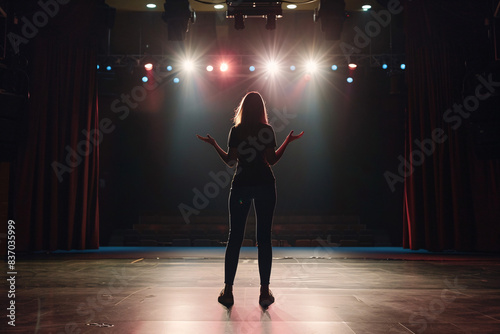 Silhouette of a performer standing on stage with bright stage lights creating a dramatic and theatrical atmosphere