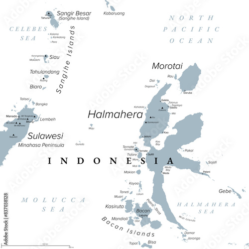 Halmahera, island in Indonesia, gray political map. Largest island of the Moluccas, or Maluku Islands, and part of the North Maluku province. With Morotai, Bacan Islands and a part of North Sulawesi.