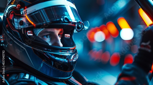 Focused Race Car Driver in Helmet