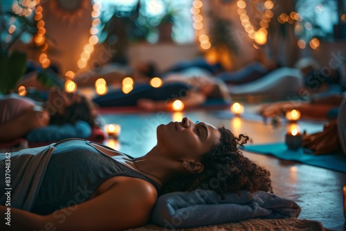 Restorative Yoga Class in Cozy Studio with Dim Lighting and Candles for Relaxation and Wellness