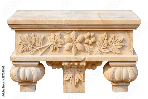 Elegant stone pedestal with detailed floral carvings, perfect for garden decor or indoor decoration. Exquisite craftsmanship.