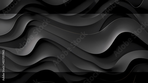 Elegant black abstract waves create a visually striking background with smooth flowing curves and shadows, evoking a sense of modern sophistication.