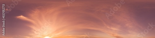 360 panorama of glowing sunset sky with bright pink Cumulus clouds. HDR 360 seamless spherical panorama. Full zenith or sky dome sky replacement for aerial drone panoramas. Climate and weather change.