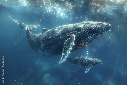 Enchanting humpback whales swim gracefully in the deep blue ocean waters, creating a serene underwater scene