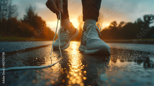 closeup of sporty runner tying shoelaces for run 