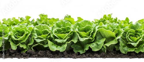 A row of fresh, green lettuce plants growing in rich soil, isolated on white background. Perfect for farm, agriculture, and gardening concepts.