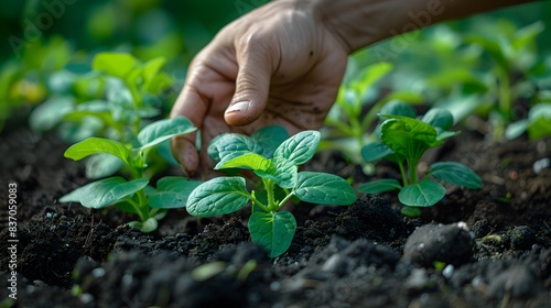 Hands gently planting seedlings in a vegetable garden, showing rich soil and green sprouts