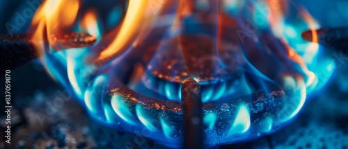 Close-up of a blue gas stove flame burning with vibrant colors and intense heat, perfect for kitchen or energy-related content