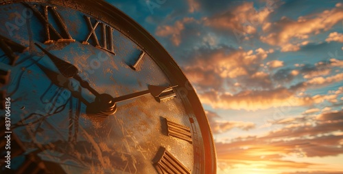 The background is the sky with clouds, time concept, closeup of clock face with hands moving from left to right at sunset. This visual metaphor emphasizes importance for healthy lifestyle and selfcare