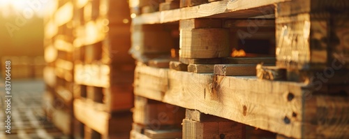 Stacked wooden pallets bathed in warm golden sunlight, ideal for industrial and logistics themes. Captures the essence of early morning hustle.