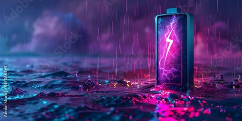 Lithium ion battery with a lightning bolt icon abstract water illuminated with neon purple light battery shape on dark. Concept Technology, Energy Efficiency, Sustainable Power Sources