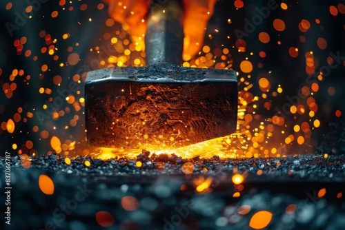 Blacksmith hammer striking hot metal with sparks flying