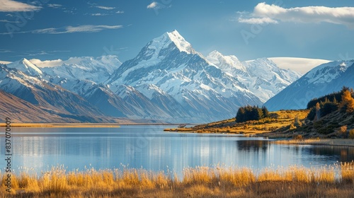 Scenic Aoraki Mount Cook in New Zealand with snow-capped peaks