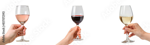 Set of Hand Holding Wine Glasses : Red, White, and Rosé on Transparent Background