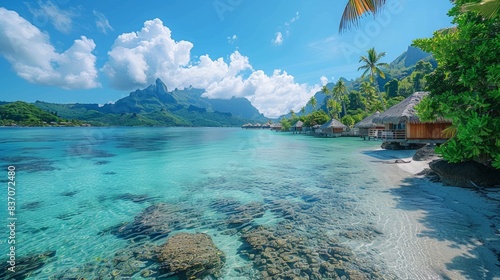 Beautiful Bora Bora in French Polynesia with overwater bungalows