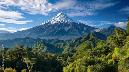 Scenic Mount Taranaki in New Zealand with snow-capped peak, lush forests, and clear blue skies