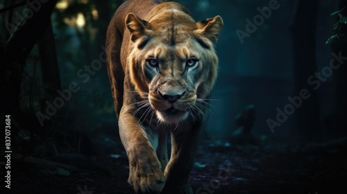 Photograph of a solitary lioness prowling through a moonlit forest, her eyes gleaming with an otherworldly intensity