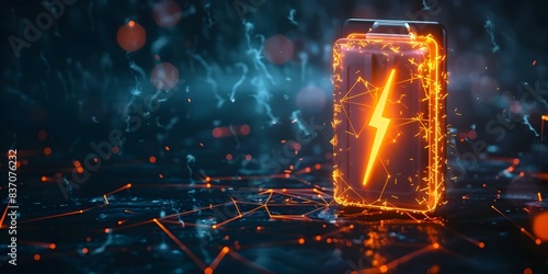 Lithium ion battery with a lightning bolt icon abstract stars illuminated with neon orange light battery shape on dark. Concept Abstract Art, Neon Lighting, Lithium Ion Battery, Lightning Bolt Icon