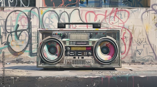 Vintage boom box with large speakers and colorful buttons