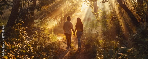 Young couple walking on a nature trail while holding hands on a late sunny afternoon