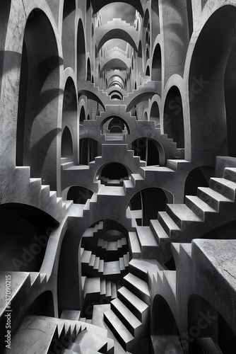 optical illusion of staircases with no exits. photograph of an impossible labyrinth featuring bridges, staircases, and arches in black and white with strong light and shadow contrasts