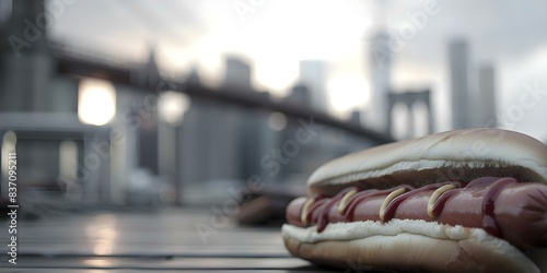 Iconic New York City hot dog stands against backdrop of Brooklyn Bridge. Concept New York City, Hot Dog Stands, Brooklyn Bridge, Iconic Landmarks, Cityscape