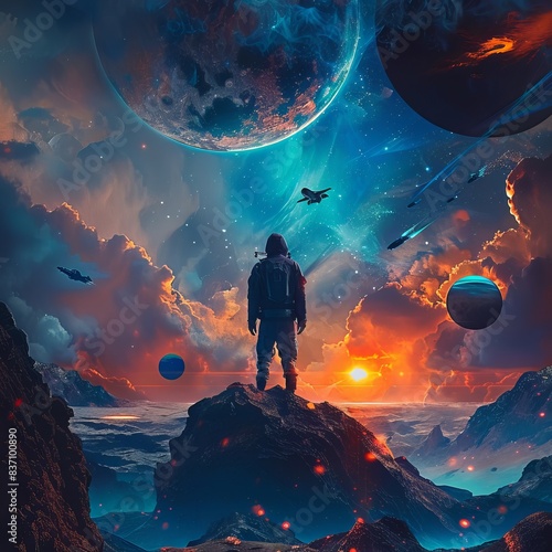 The breath-taking wallpaper captures an astronaut facing a cosmic sunset, ideal as a best-seller abstract background for dreamers